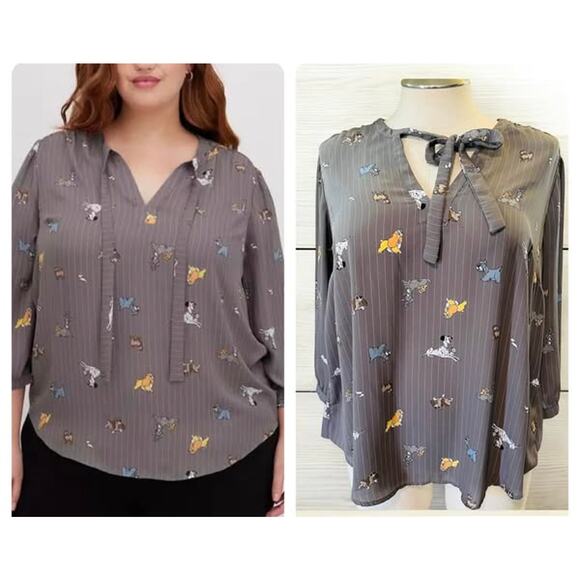 Torrid Plus Size 2 Disney Dogs Georgette Secretary Tie Pinstripe Peasant Blouse - Picture 1 of 3